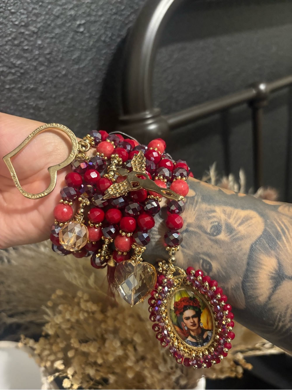 Gold-Tone Red Beaded Frida Kahlo Charm Bracelet